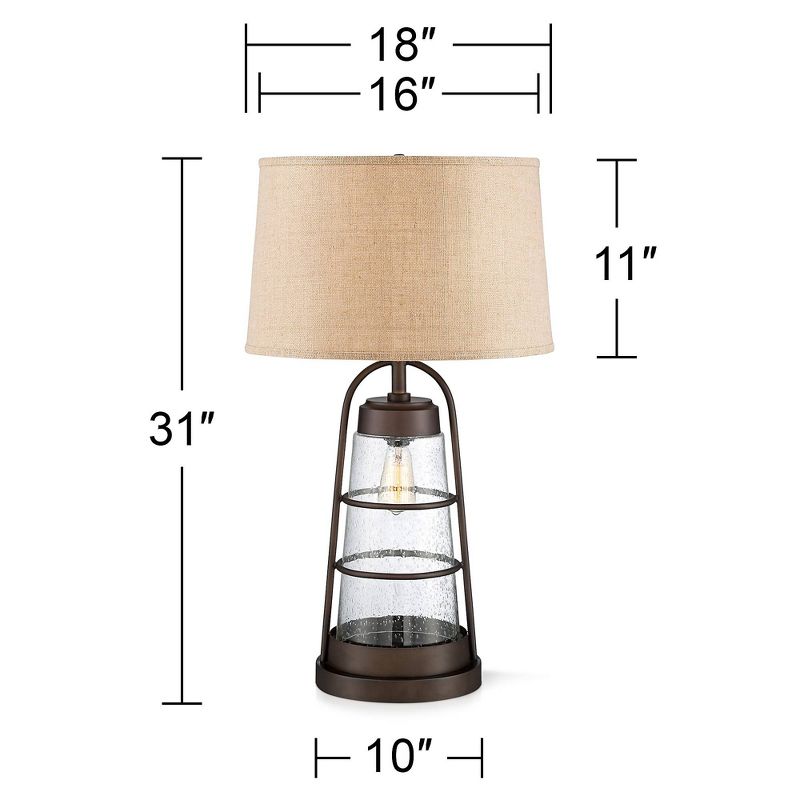 Franklin Iron Works Rustic Farmhouse Table Lamp 31" Tall with Nightlight Bronze Clear Seeded Glass Burlap Shade for Bedroom Living Room House Bedside, 5 of 11
