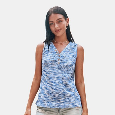 Women's Blue V-Neck Button Sleeveless Top - Cupshe