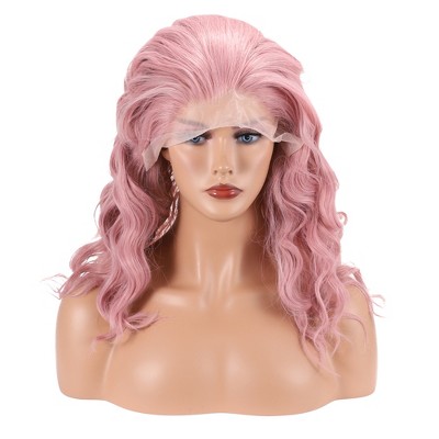 Unique Bargains Women's Medium Long Body Wave Lace Front Wigs with Wig Cap 16" Pink 1 Pc
