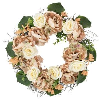 Northlight Peach and White Floral Fall Harvest Artificial Wreath, 22-Inch