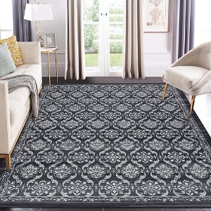 Modern Rugs Floral Print Mat Non-Slip Boho Low Pile Non-Shedding Carpet, 5' x 7' Black Gray - 1 of 4