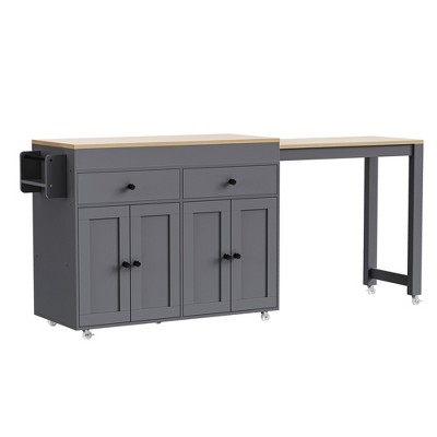 CLIHOME Kitchen Island with Extendable Dining Table , Rolling Kitchen Storage Cart with Spice Rack and 2 Drawers