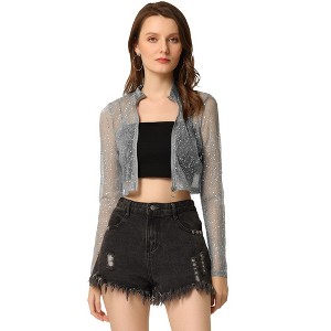 INSPIRE CHIC Women's Sheer Stand Collar Zip Up Shiny Cropped Jacket - 1 of 4