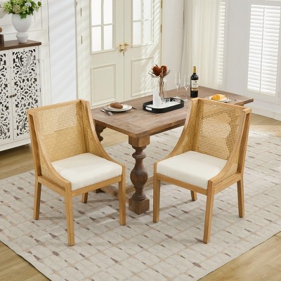 INFURNIC Dining Chairs Rattan Chair with Linen Upholstered Seat and Decorative Armrests for Kitchen and Dining Room, Beige, 23.8"*21.9"*37.4"