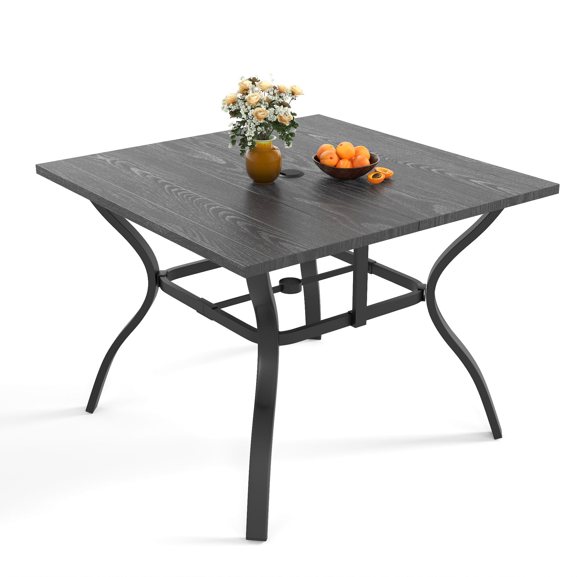 37.8" Square Wood Grain Metal Patio Table with Umbrella Hole, Steel Frame Rust-Resistant Dining Table