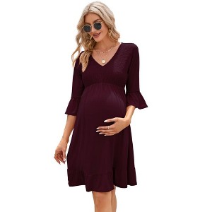 Women's Maternity Smocked 3/4 Sleeve Boho Dress V Neck Fall Casual Ruffle Flowy Midi Dress for Baby Shower Photoshoot - 1 of 4