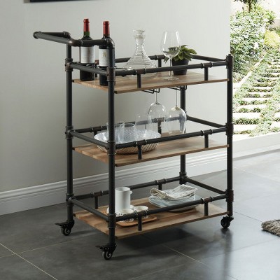 Aoxun Industrial 3-Tier Rolling Serving Cart with Oak Shelves & Antique Black Metal Frame  Water Pipe Design, Mobile Storage for Kitchen or Bar Use