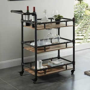 Aoxun Industrial 3-Tier Rolling Serving Cart with Oak Shelves & Antique Black Metal Frame  Water Pipe Design, Mobile Storage for Kitchen or Bar Use - 1 of 3