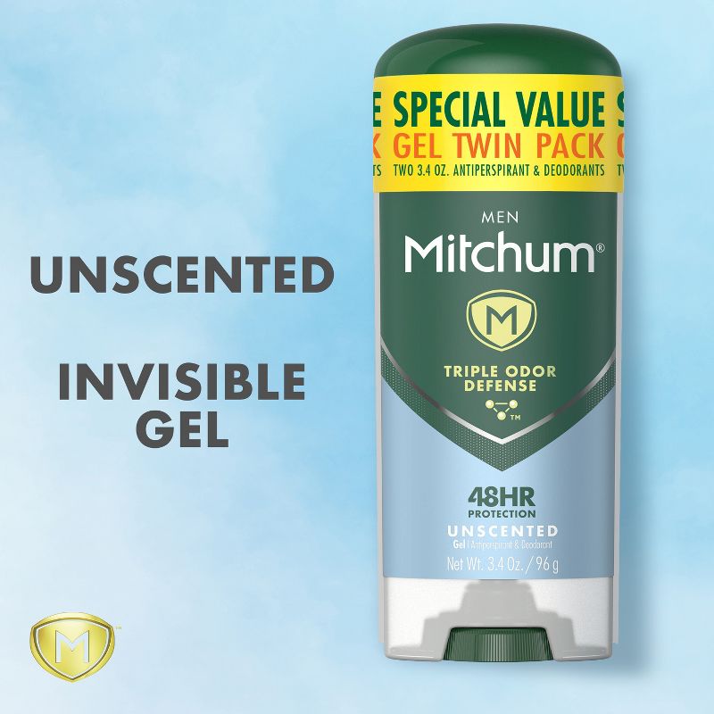 Mitchum Men&#39;s Antiperspirant &#38; Deodorant Triple Odor Defense Gel Stick, 48 Hr Protection, Unscented - Unscented - 3.4oz/2pk, 6 of 11