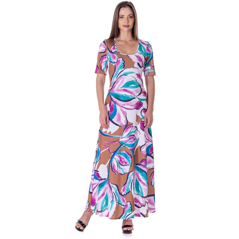 24seven Comfort Apparel Womens Pink Floral Elbow Sleeve Casual A Line Maxi Dress, 4 of 7