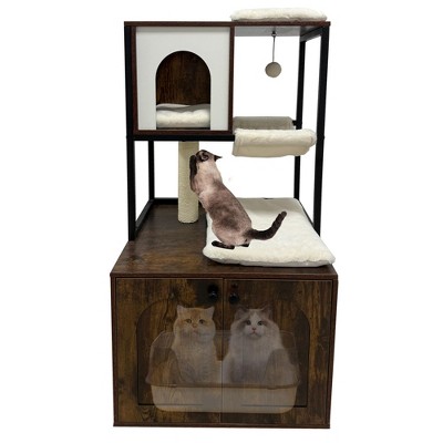Litter Box Enclosure with Cat Tree, 2 in 1 Cat Tower with Scratching Post & Hammock, Wooden Cat House Furniture, Hidden Litter Box Furniture