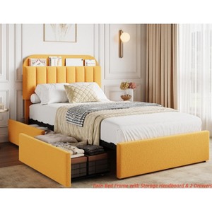 Twin/FULL/Queen/Twin XL Size Kids'Bed Frame with 2 Flexible Drawers, Boucle Upholstered Platform Bed Frame w/ Bookcase Headboard, Bedframe - 1 of 4