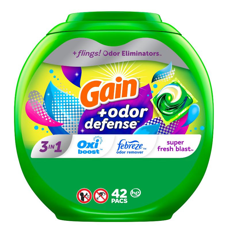 Gain Flings HE Compatible Super Fresh 3-in-1 with Febreze and Oxi Odor Defense Liquid Laundry Detergent Pacs, 1 of 9