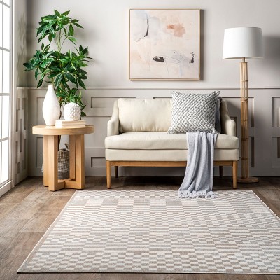 Beige and White Geometric Washable Round Area Rug