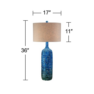 Teal Ceramic Bottle Table Lamp with Beige Fabric Drum Shade