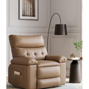 27" Rocker Recliner Chair, 1.5X Sponge Filling, 360 Degree Swivel, PU Leather, Side Pockets and Cup Holders, Reclining 135 Degrees, Tan - 1 of 4