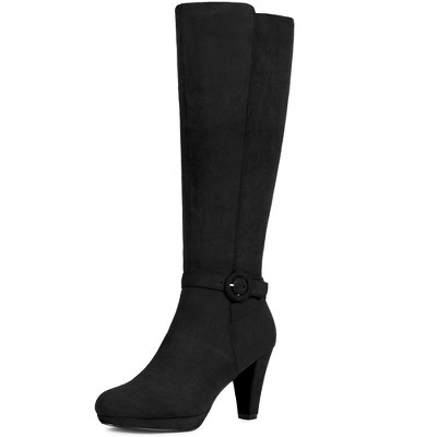 BLISSFUL STEP Low Platform Chunky Heels Buckle Knee High Boots for Women