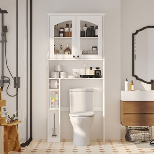 FUFU&GAGA White Over - the - Toilet Storage Etageres with Adjustable Shelves and Arch - shaped Glass Doors - 1 of 4