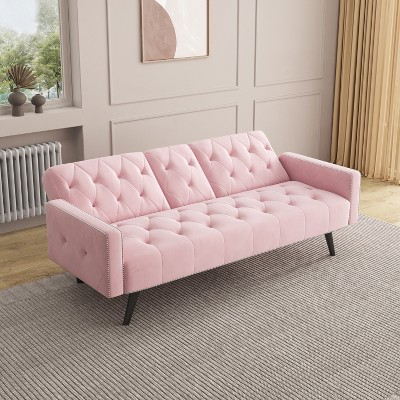 1730 Sofa Bed Armrest with Nail Head Trim with Two Cup Holders 72" Pink Polyester Sofa for Small Spaces