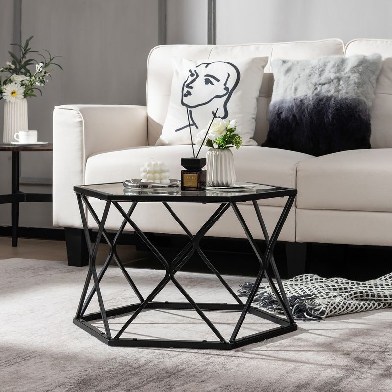 Costway Coffee Table Geometric Glass Modern W/Tempered Glass Top & Metal LegsLiving Roo, 2 of 11