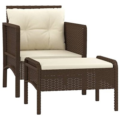 vidaXL Patio Lounge Set with Cushions, Brown Poly Rattan and Powder-Coated Steel, Includes 1 Chair and 1 Stool, Outdoor Garden Furniture