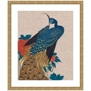 Kate and Laurel Framed Art Peacock and Peonies 1840 Utagawa Hiroshige Neutral Linen by The Art Institute of Chicago, 22x26, Mila Dark Gold - 1 of 4