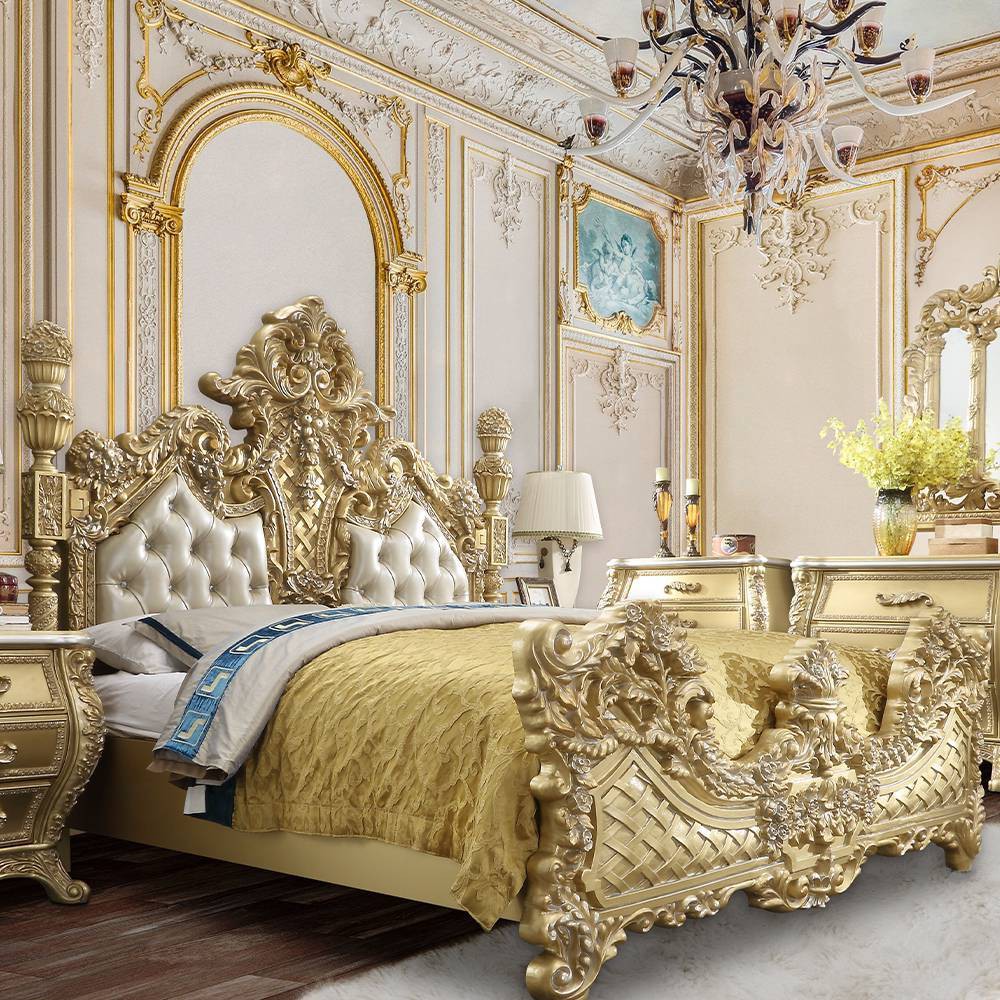 Photos - Wardrobe 92" Eastern King Bed Cabriole Bed Light Gold Synthetic Leather and Gold Fi