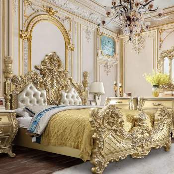 92" Eastern King Bed Cabriole Bed Light Gold Synthetic Leather and Gold Finish - Acme Furniture