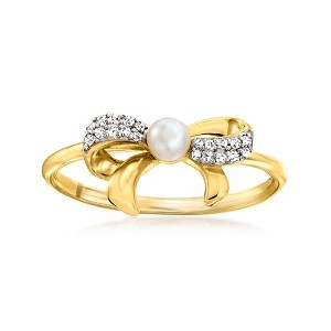 Pure Collection by Ross-Simons 3-3.5mm Cultured Pearl Bow Ring With Diamonds in 14kt Yellow Gold - 1 of 4