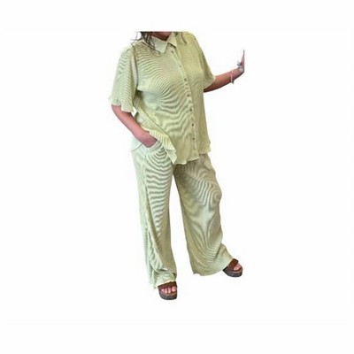 Women's Plisse Button Down Top With Pants - SHE + SKY