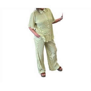 Women's Plisse Button Down Top With Pants - SHE + SKY - 1 of 2