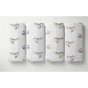 Bacati - Happy Monkeys Pink/Lilac/Gray Girls Muslin Swaddling Blankets set of 4 - 1 of 4