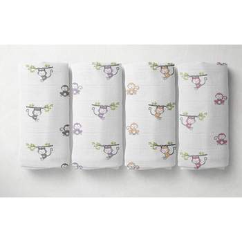 Bacati - Happy Monkeys Pink/Lilac/Gray Girls Muslin Swaddling Blankets set of 4