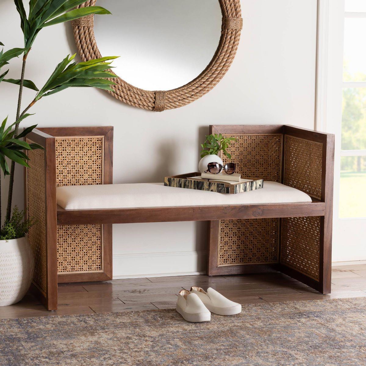 bali & pari Lovina Rattan and Acacia Wood Accent Bench Light Honey/Light Brown - thumbnail 3