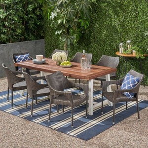 Espanola 9pc Outdoor Dining Set - Acacia Wood, All-Weather Wicker, Water-Resistant - Christopher Knight Home: Includes 8 Chairs, Rectangular Table - 1 of 4