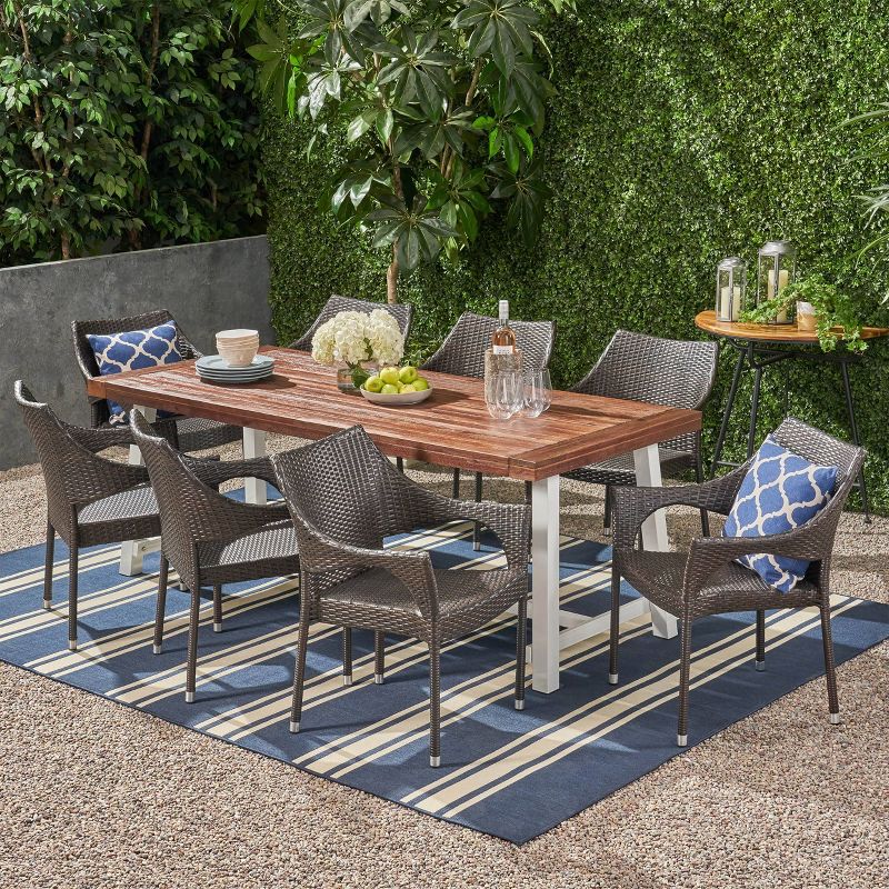 Espanola 9pc Outdoor Dining Set - Acacia Wood, All-Weather Wicker, Water-Resistant - Christopher Knight Home, 1 of 8