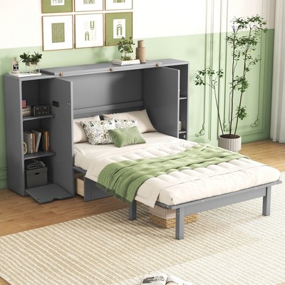 NicBex Queen Size Murphy Bed Wooden Bed Frame Morden Hideaway Wall Bed with Shelves, 2 Drawers and USB Ports for BedRoom