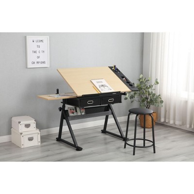 NicBex Home Office Desks Standing Desk Adjustable Height Drafting Desk with Adjustable Desktop, Storage Drawers and 1 Chair for Study, Oak