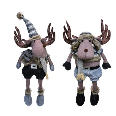 Transpac Fabric 22 in. Multicolor Christmas Plush Moose Shelf Sitters Set of 2