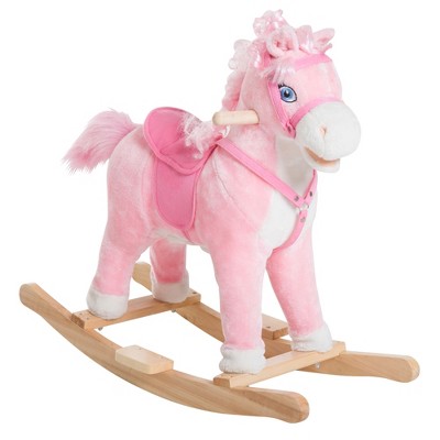 Qaba Kids Plush Toy Rocking Horse Ride on with Realistic Sounds Pink