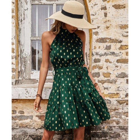 Женские платья Garvee Women's Summer Dress Halter Neck Polka Dot Midi Dresses with Waist Tie,L,Green