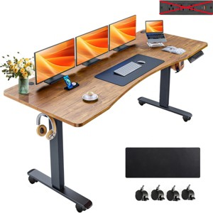 HOMDOX Elec-Standing Computer Desk Adjustable Height 63" × 24" Ergonomically Curved Desktop with Outlet Lockable Casters Lifting Range 27''-46'' - 1 of 4