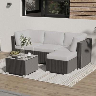 Modular Rattan Patio Sofa Set - All-Weather Wicker Sectional Conversation Set with Ottoman, Glass Table & Detachable Cushions