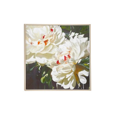 39.5" Large Square White Flowers Acrylic Painting in Wood Frame - Olivia & May