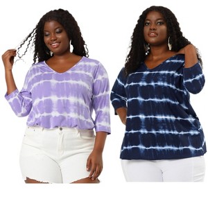 Women's Plus Size 2 Pieces Tie Dye Side Slit 3/4 Sleeve V Neck Casual Stripe Blouse - Agnes Orinda - 1 of 4