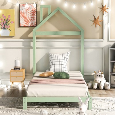 Whisen Twin Size Wood Platform Bed with House-shaped Headboard