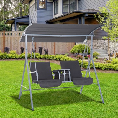 CAVINAS 2-Seat Porch Swing with Stand,Patio Swings with Canopy,Pivot Storage Table,2 Cup Holders,Cushions,Outdoor Swing for Poolside,Garden
