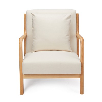 Beige Linen and Oak Wood Mid Century Modern Accent Chair