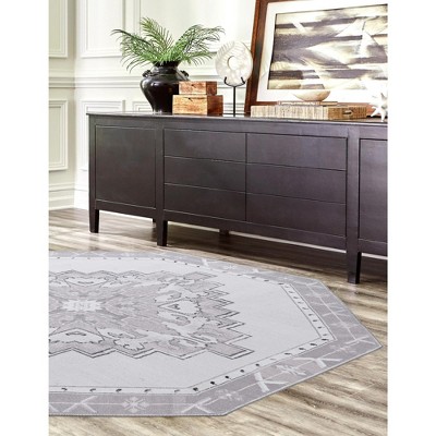 White Gray Octagon Chenille Flat Woven Area Rug