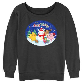 Juniors Womens Pokemon Christmas Happy Holidays Snowman Sweatshirt
